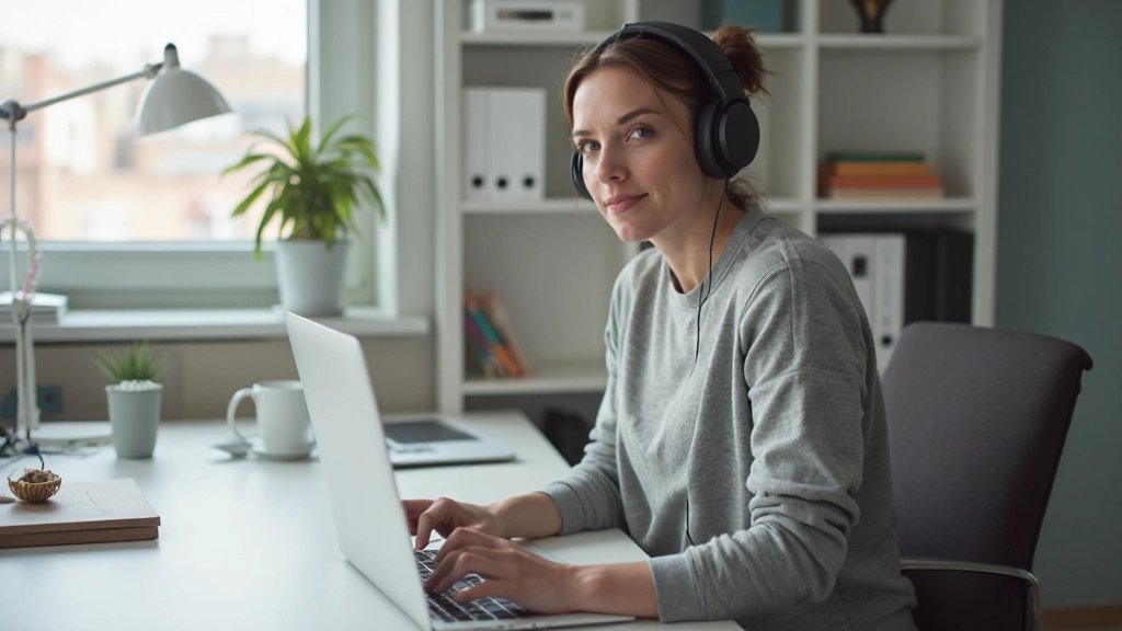 Professioneel aangerichtde werkomgeving met schone bureau, koptelefoons en natuurlijk licht